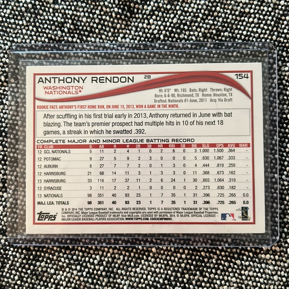 Topps 2014 Anthony Rendon Baseball Card - Picture 2 of 2